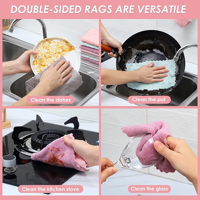 22 Pack Kitchen Dish Cloths, Reusable Dish Towels, Nonstick Oil Washable Fast Drying, Super Absorbent Coral Velvet Cleaning Cloths for Cleaning Tableware, Kitchen, Bathroom(Pink-purple-10" x 6")
