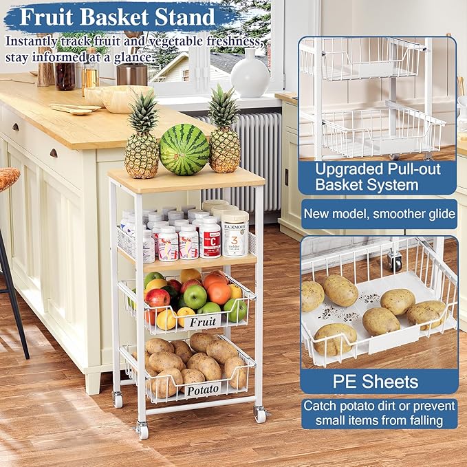 OKZEST 4 Tier Rolling Cart with Drawer Baskets, Metal Utility Storage Cart with Wheels and Wood Top for Living Room, Kitchen, Home Office, Bedroom, Pantry, Baby Essential, Craft, Snack, Makeup, White