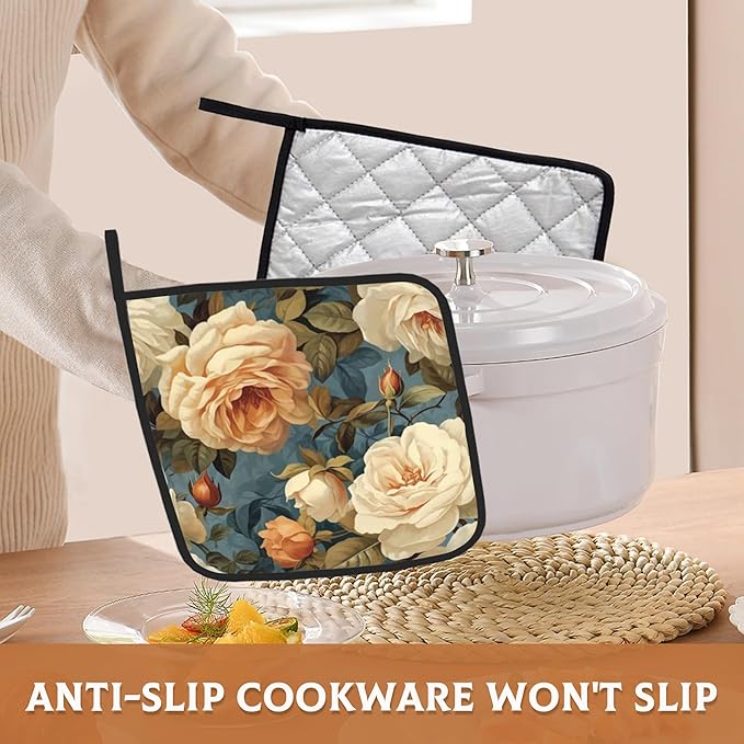 2 Pack Vintage Roses Floral Pot Holders for Kitchen Heat Resistant, Potholders for Kitchens Washable for Cooking & Baking & Microwave