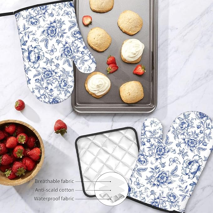 Floral Oven Mitts and Pot Holders Sets of 3, Blue Floral Silicone Oven Mitts Birthday for Flower Lover Kitchen Decor, Botanical Print Heat Resistant Non-Slip Oven Gloves for Mom Wife Sister BFF