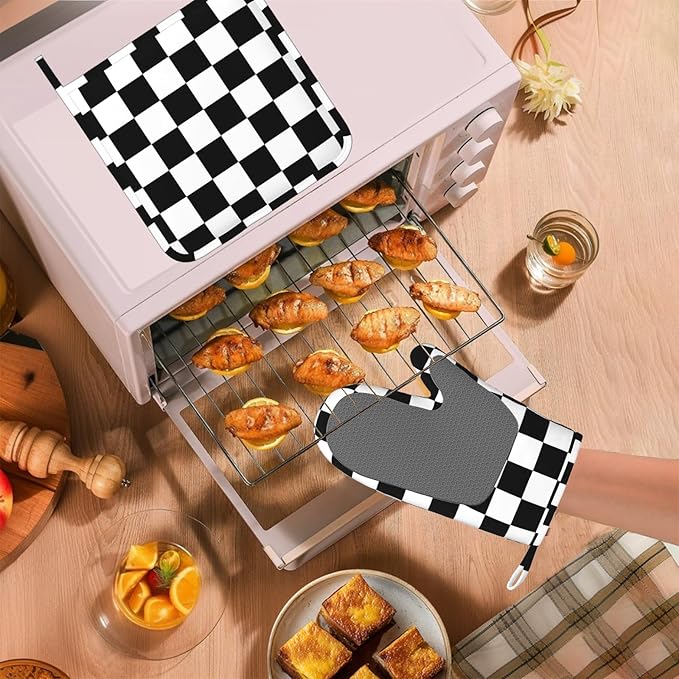 Checkerboard Oven Mitt and Pot Holder with Silicone Heat Resistant Kitchen for Cooking BBQ Baking Grilling Cooking Protection