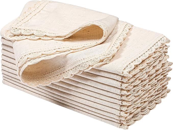 Hausattire Cloth Napkins 12 Pack 20x20 Inches Flax Cotton Washable and Reusable Table Dinner Napkins with Lace for Hotel,Easter Basket Decor| Highly Absorbent Cloth Napkins|Natural