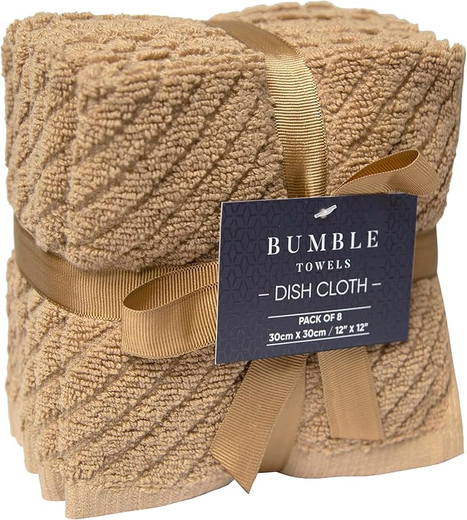 Bumble Towels Premium Kitchen Dish Cloths (12" x 12") | 8 Pack | Diagonal Deluxe Dish Cloth | High Absorbent Tea Towels Set | Tan