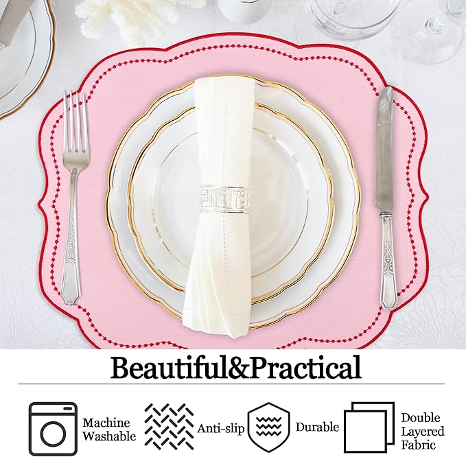 Cotton Linen Placemats Set of 4 - Double Layered, Luxury Scalloped Embroidered Cloth Table mats - Holidays, Christmas, Washable Mat, 16 x 13 inch (Pink)
