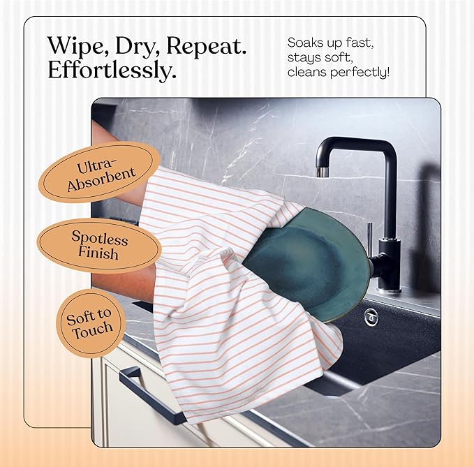 Mustard Yellow Striped Dish Towels 3 Pack, Ultra Absorbent, Classic Stripe Towel Set, Quick Dry Cotton Kitchen Towels for Cleaning Counters, Drying Dishes, Everyday Cleanup