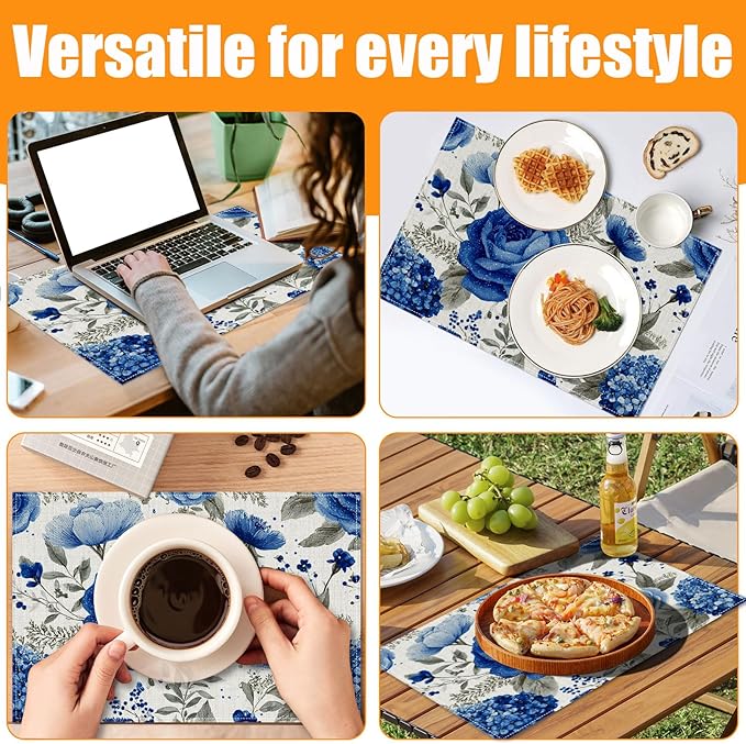 Blue Flowers Placemats Set of 6,12 x 18 Inch Table Mats Washable Heat Resistant Linen Fabric Rectangle Place Mat for Party Home Kitchen Dining