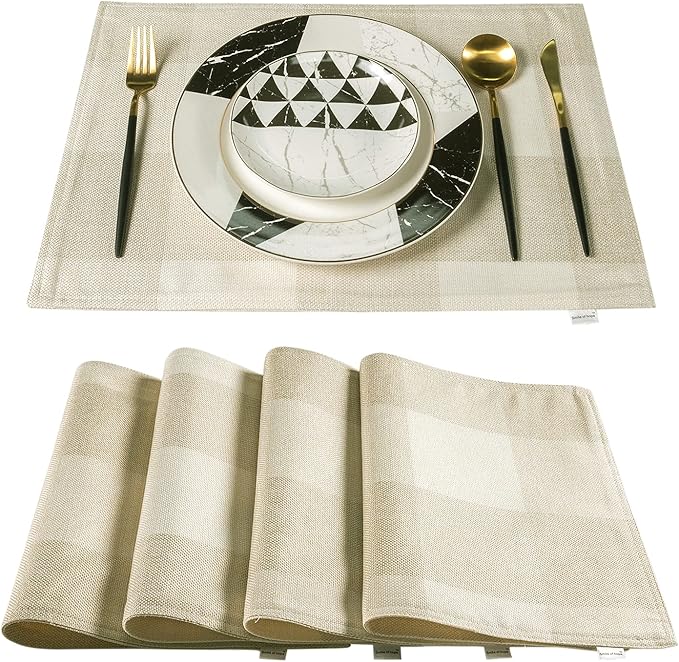 Beige White Buffalo Plaid Placemats 13 x 19 Inches Set of 4,Linen Checkered Double Layer Placemat Decorative Kitchen Table Mats,Waterproof Heat Resistant Durable Cloth Place Mats
