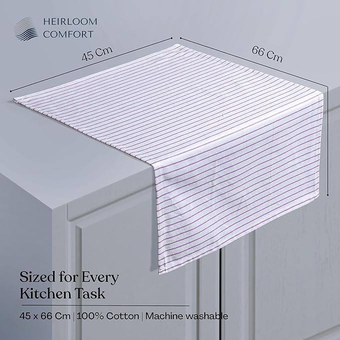 Lavender Stripe Kitchen Towels, 12 Pack, 100% Cotton, Super Absorbent and Quick Dry, Classic Striped Towel Set, Durable Dish Cloths for Kitchen Use, Cleaning & Drying Dishes
