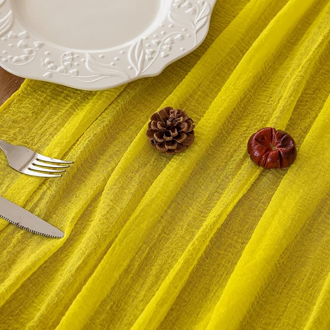Keketoarrange 6pcs Yellow Gauze Rustic Cheesecloth Table Runner 120 Inch 10 FT for Wedding Baby Shower Bridal Shower Birthday Engagement Garden Outdoor Party Long Sheer Boho Decorations