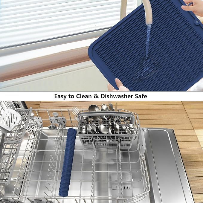 ZLR Large Silicone Dish Drying Mat (16" x 18") - XL Heavy Duty Drainboard Mat for Pots, Pans & Family Loads - Heat Resistant Trivet & Counter Protector, Easy Clean (Midnight Blue)