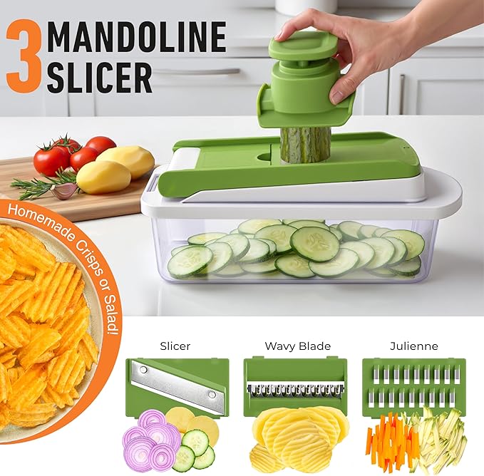 Mueller Pro-Series 10-in-1, 8 Blade Vegetable Chopper, Onion Mincer, Cutter, Dicer, Egg Slicer with Container, French Fry Cutter Potato Slicer, Home Essentials, Salad Chopper White Sand/Green