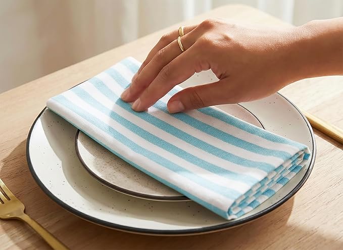 PurpleEssences Plain Striped Cloth Napkins - Set of 12-100% Cotton - 18 x 18 Inch - Spring Easter Summer and Perfect Everyday Use Dinner Napkin - Aqua Blue White