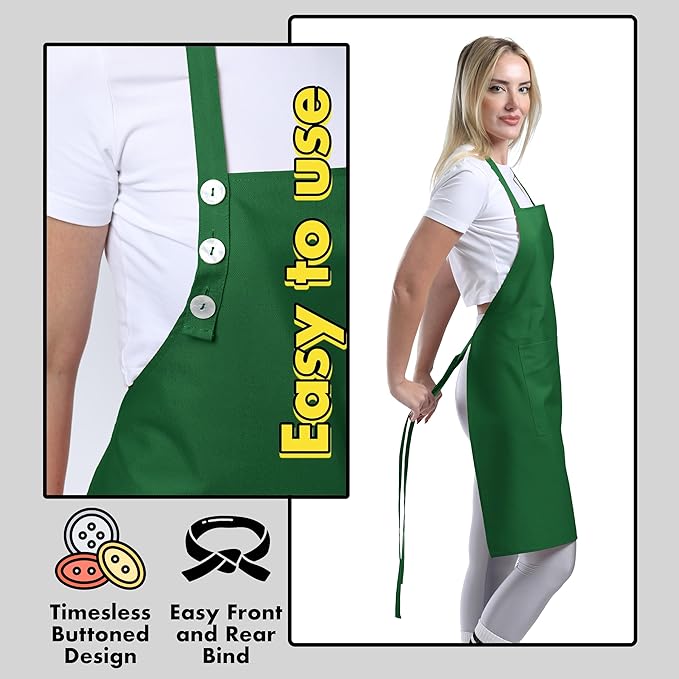 TOSHE Kitchen Apron Waterdrop Resistant Cotton Apron with adjustable Aprons for Women with Pockets 12 Color option Cooking Green Apron (Green)