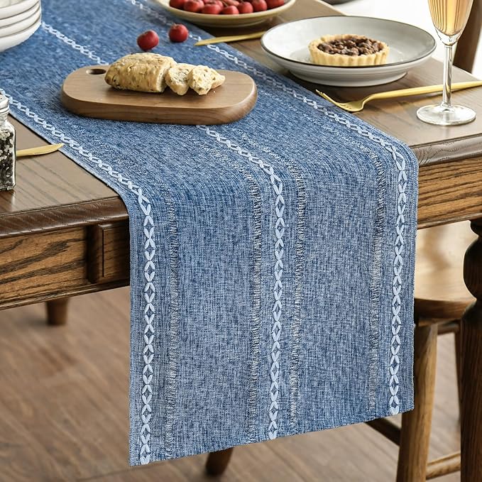Artoid Mode Blue Rustic Cotton Linen Table Runner, Seasonal Embroidered Hollow Kitchen Dining Table Decoration for Home Party Decor 13x36 Inch