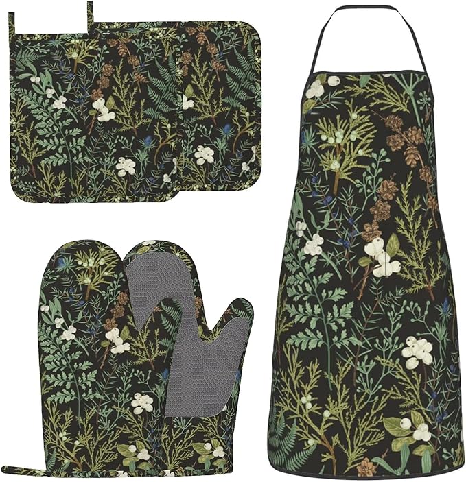 Botanical Print Floral Oven Mitts Pot Holders Farmhouse Cooking Apron Set of 5 Silicone Black Sage Green Botanical Print Kitchen Glove Apron Non-Slip Heat Resistant for Chef Baking Cooking
