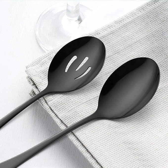 LIANYU 6-Piece Black Serving Spoons, Black Slotted Spoons, Stainless Steel Serving Utensils for Party Buffet Restaurant Banquet Dinner Catering, 8 3/4 Inch, Dishwasher Safe