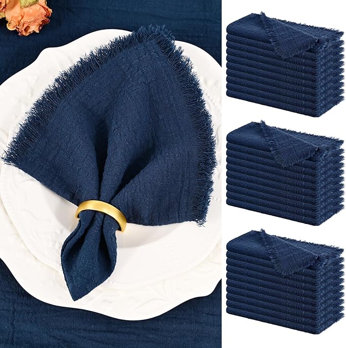 Showgeous 30 Pack Navy Blue Cloth Napkins with Fringe 16x16 inch 100% Cotton Blue Napkins Handmade Dinner Napkins Bulk Washable Soft Rustic Table Napkins for Wedding Parties Bridal Baby Shower