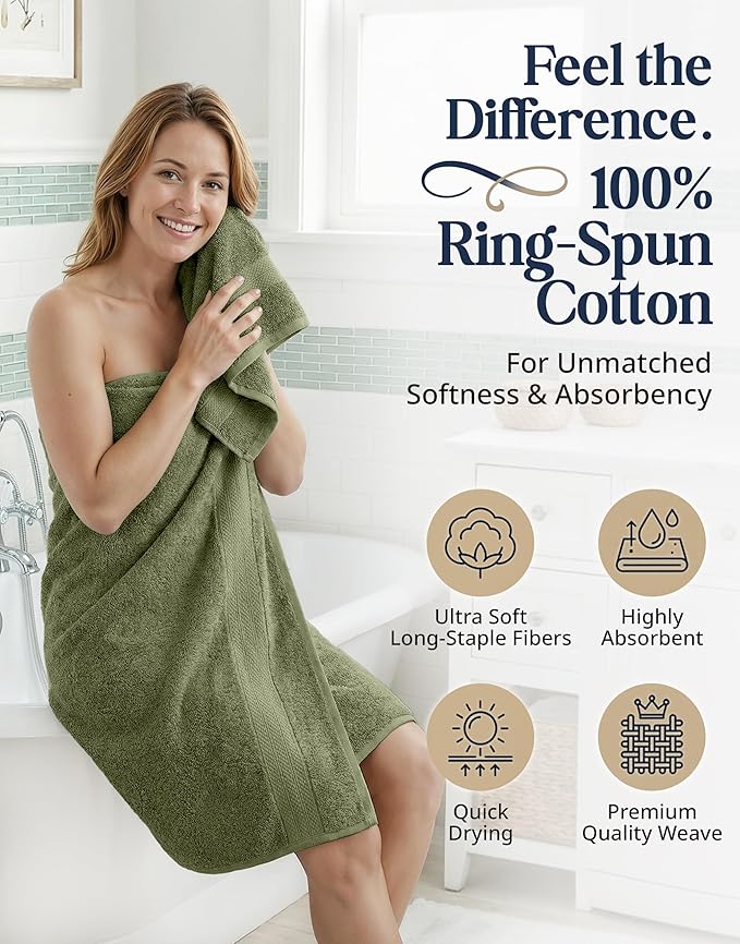 LANE LINEN Luxury Cotton Bath Towel Pack of 16 - Softer, Highly Absorbent & Durable - 4 Bath, 8 Wash cloths, 4 Hand Towels for Bathroom - Premium Look, Spa Quality, Solid Dyed Towels - Oil Green