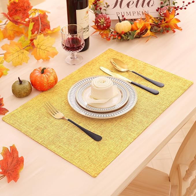 Homaxy Cloths Placemats for Dining Table Set of 4, Heat Resistant Washable Cotton Linen Blend Table Mats, Place Mats for Indoor Outdoor Party Kitchen Decoration, 13" x 19", Mustard Yellow