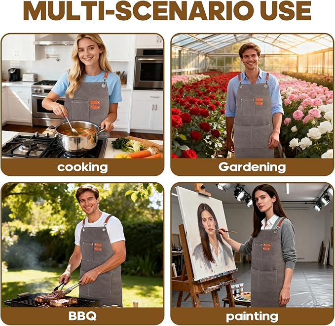 Aprons For Women Men With Large Pockets, Waterproof Cotton Chef Aprons For Cooking Server Grilling Bbq Kitchen