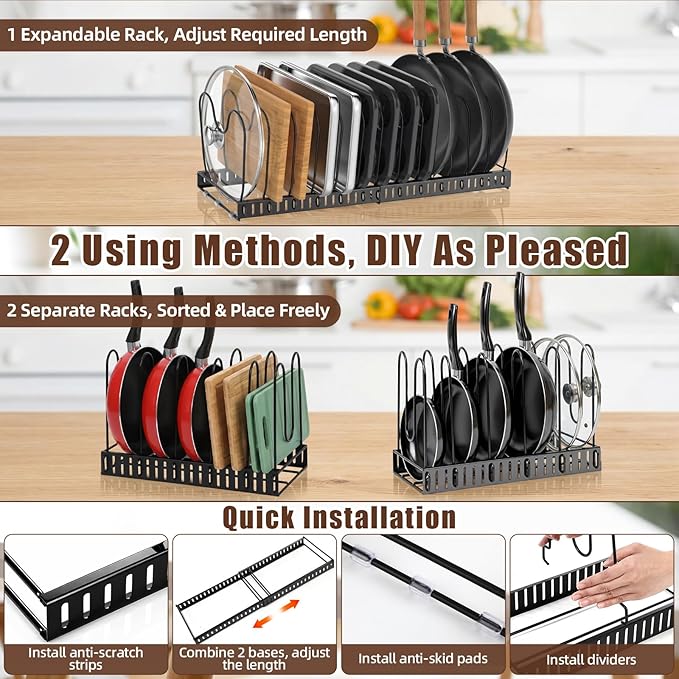 2 Pack Pot & Pans Organizer Kit for Cabinet, 8 Tier Adjustable Pot & Pans Organizer Rack, Expandable Cutting Board Storage Rack Baking Tray Cookie Sheet Holder with 14 Adjustable Divider Kitchen