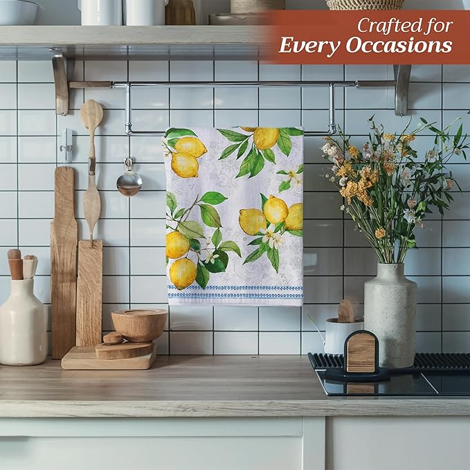 Maison d' Hermine Kitchen Towels Set of 3 100% Cotton 27.50" x 20" Reusable Cloth Tea Dish Towels Absorbent with Hanging Loop for Kitchen Gifts for Mothers Day Spring/Summer (Cedrat)