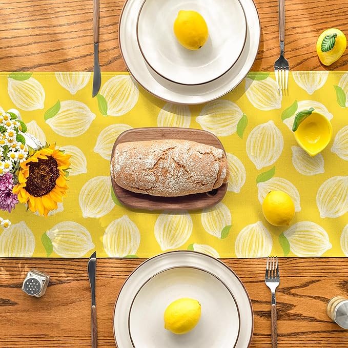 Artoid Mode Yellow Leaves Lemon 210 GSM Summer Table Runner, Seasonal Kitchen Dining Table Decoration for Home Party Decor 13x36 Inch