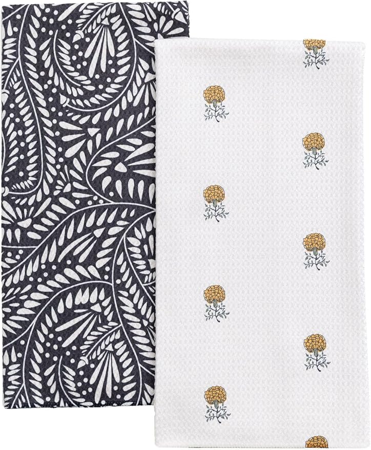 Premium Kitchen Tea Towel | Microfiber Waffle Weave | Quick Dry | Super Absorbent | Double-Sided Designer Prints | 2 Pack (Marigold)