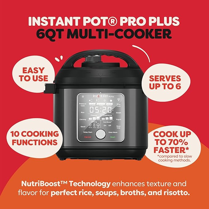 Instant Pot Pro Plus Wi-Fi Smart 10-in-1, Pressure Cooker, Slow Cooker, Rice Cooker, Steamer, Sauté Pan, Yogurt Maker, Warmer, Canning Pot, Sous Vide, Includes App with Over 800 Recipes, 6 Quart