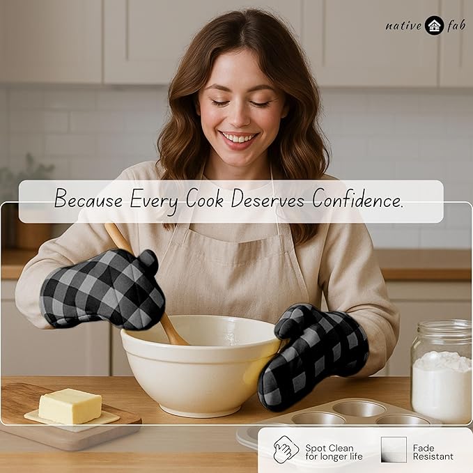 Native Fab Buffalo Plaid Check Oven Mitts and Pot Holders Set of 4, 100% Cotton Heat Resistant Kitchen Gloves, 2 Oven Mitts (7x13), 2 Pot Holders (8x8) for Cooking & Baking, Ash Grey Black