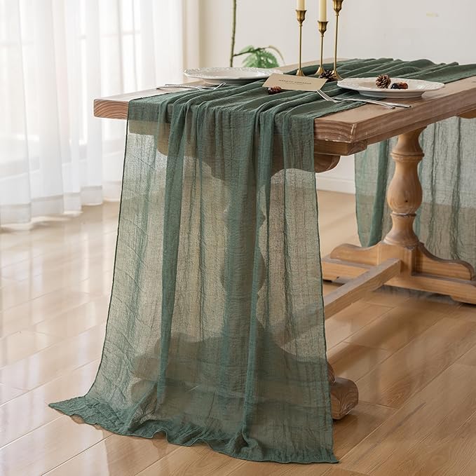 Keketoarrange 6Pcs Forest Green Gauze Rustic Cheesecloth Table Runner 120 Inch 10 FT for Wedding Baby Shower Bridal Shower Birthday Engagement Garden Outdoor Party Long Sheer Boho Decorations