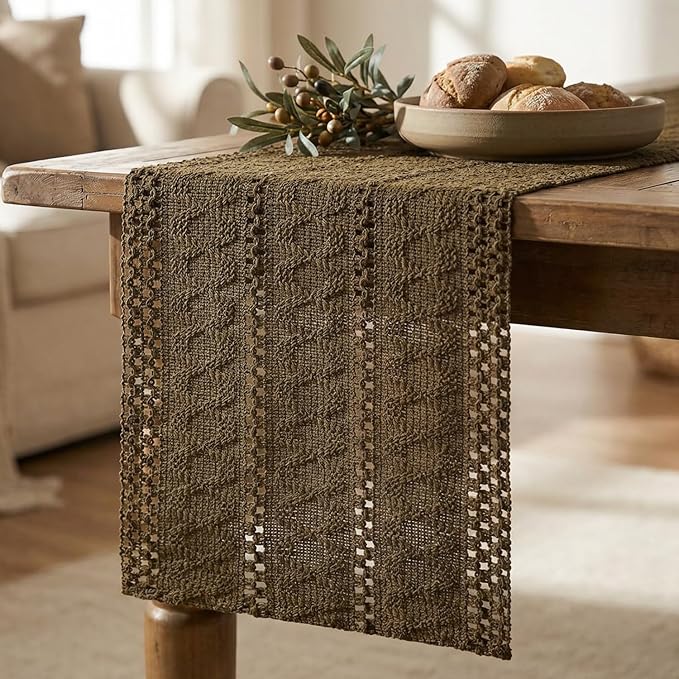 Artoid Mode Light Coffee Farmhouse Woven Rustic Hollow Table Runner, Seasonal Holiday Hollow Kitchen Dining Table Decoration for Home Party Decor 12x48 Inch