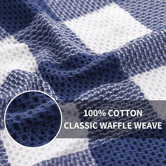 Homaxy 100% Cotton Waffle Weave Check Plaid Dish Cloths, 12 x 12 Inches, Super Soft and Absorbent Dish Towels Quick Drying Dish Rags, 6-Pack, White & Navy Blue