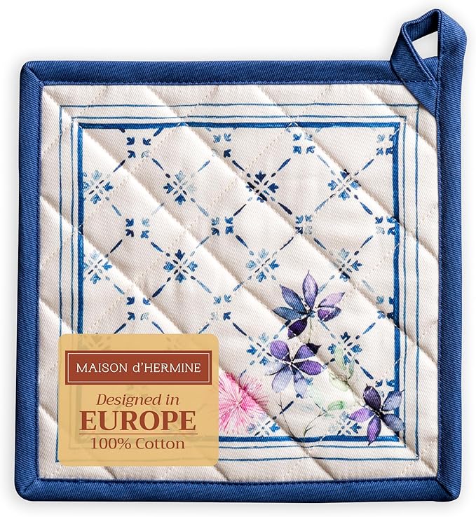 Maison d' Hermine Pot Holders 100% Cotton Heat Resistant Potholders 8" x 8" Hot Pads with Loop BBQ Cooking Baking Gifts for Mothers Day Handling Hot Pans Spring/Summer (Pack of 1, Faience)