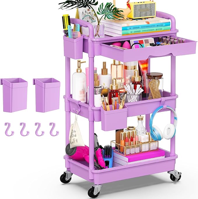 Goovilla 3 Tier Rolling Utility Cart Organizer with Removable Drawer, Stable and Sturdy Purple Rolling Storage Carts with 2 Lockable Wheels for Bathroom, Kitchen, Snack, Craft, Makeup, Baby Essentials