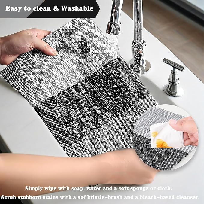 Black Gray Placemats Set of 2 - Heat Resistant Non-Slip Place mats for Dining Table, Washable Durable PVC Vinyl Woven Table Mats (Black Gray, 2)