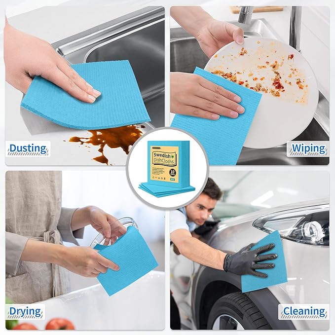 Swedish Dishcloths, 10 Pack Kitchen Towels Dish Rags, Absorbent Swedish Dish Towels for Kitchen, Non-Scratch Cellulose Sponge Cloths, Biodegradable Washable Reusable Paper Towels, Blue