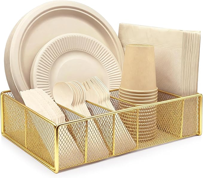 DysanVica Metal Paper Plate Holder - Utensil Silverware Caddy for Kitchen Counter Cabinet Cutlery Flatware Organizer Storage Dispenser for Plastic Spoon Fork Plates Napkins Cup Party Camping Silver