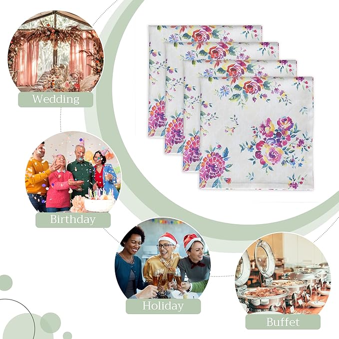 Maison d' Hermine Cloth Napkins Set of 4 100% Cotton Everyday Reusable Square Napkins Cloth Washable Dinner Party Wedding Restaurant Gifts for Mothers Day Spring/Summer (Rose Garden, 20" x 20")