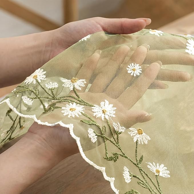 Artoid Mode Daisy Floral Yellow Shaped Gauze Embroidery Table Runner 120 Inch 10FT, Tulle Spring Summer Kitchen Dining Table Decor for Home Party