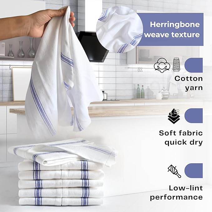 Bulk Kitchen Towels Cotton for Chefs in Commercial Restaurants - 15"X25" - 6 Pack - White Linen Tea Dish Towels - Lint Free Soft Absorbent Side Blue Striped Herringbone Weave Towles