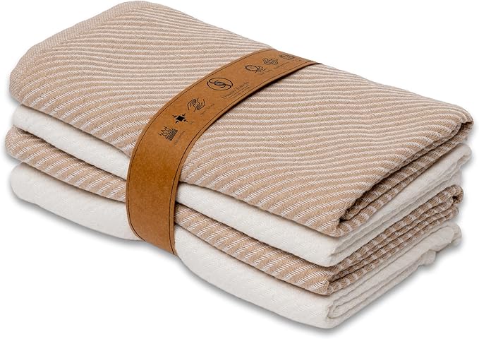 Ossano Kitchen Towels Set - 4 Pack, (20" x 30") - Boho & Decorative - Versatile as, Dish Towels for Drying Dishes, Drying Towels, Flour Sack Towel, Kitchen Cloths, Beige and Ecru