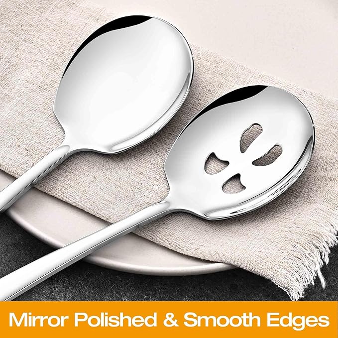 Stainless Steel Serving Spoons Set, 9.2-Inch Large Slotted Spoon x 2, Serving Spoon x 2, Big Serving Utensils Set for Buffet, Parties, Catering (2 Slotted & 2 Solid, Silver)