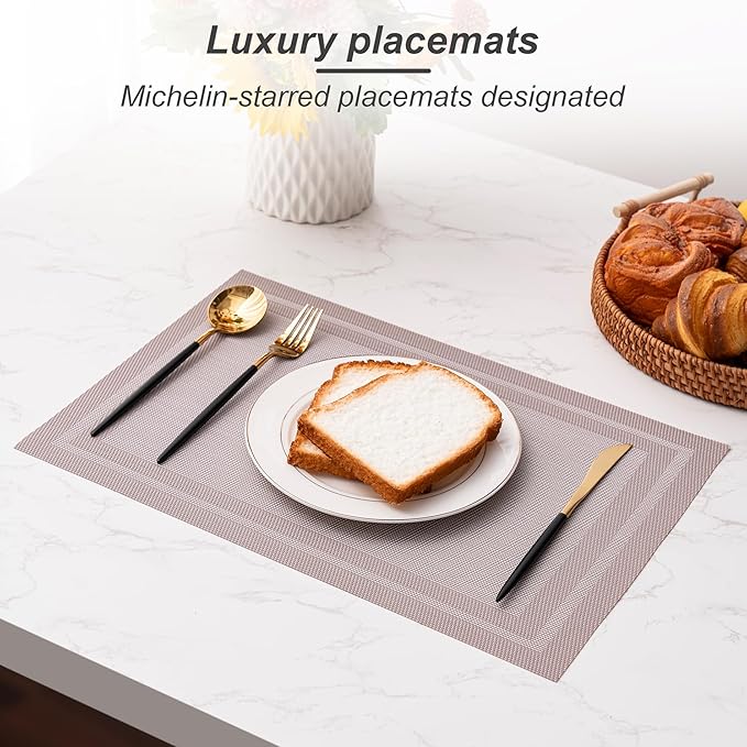 CADONO Placemats Set of 4 Washable Indoor/Outdoor Vinyl Place Mats for Dining Table Durable Non-Slip Heat Resistant PVC Weave Table Mats（Simple Style-Silver-Gray）