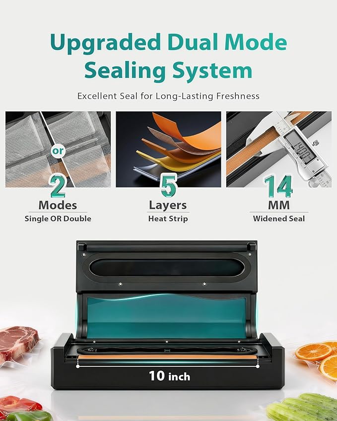 90kPa Vacuum Sealer Machine, Automatic Food Sealer with Double Heat Seal Option, Dry & Moist Modes, Built-in Cutter and Bag Storage, Starter Kit with Bag Rolls and Hose, Black