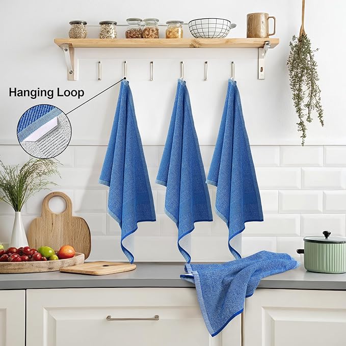 Mordimy Premium Kitchen Towels 6 Pack (18 x 28 Inches, Blueberry), Large Cotton Kitchen Hand Towel, Flat & Terry Dish Towels for Drying Dishes, Super Absorbent Tea Dishtowels Set with Hanging Loop