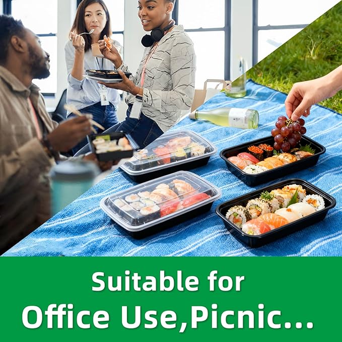 Meal Prep Containers Reusable 15 Pack-32 oz Food Storage Containers with Lids To Go Food Containers Takeout with 15 Forks, Microwave Dishwasher Freezer Safe, BPA Free, Plastic (Black)