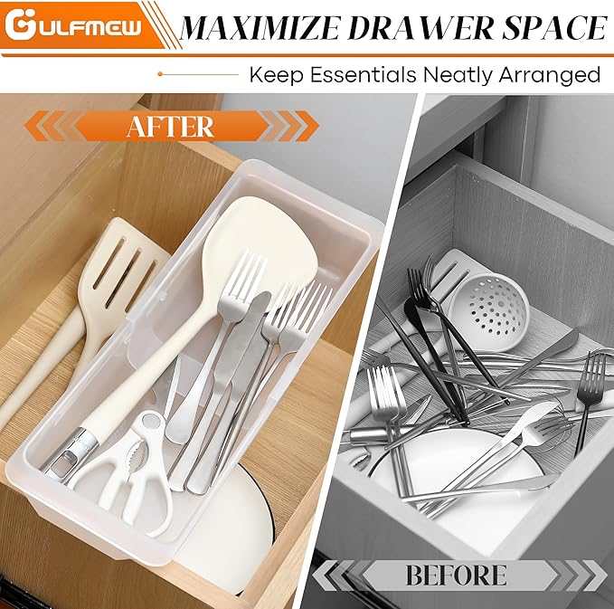 2 Pack Deep Drawer Organizer Bins, Adjustable Sliding Drawer Organizer Bin Expandable Tray for Kitchen Utensils, BBQ Tools, Towels, Durable Plastic Sliding for Easy Storage (12.4" to 18”)
