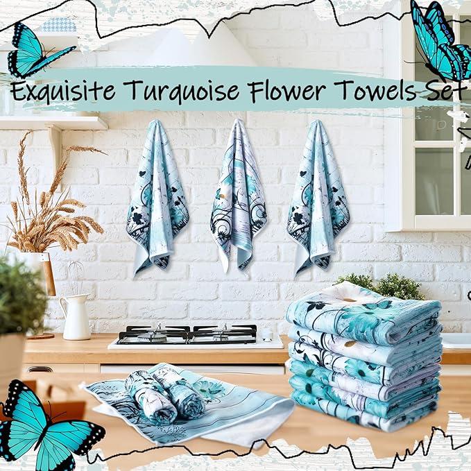 Breling Set of 6 Teal Daisy Kitchen Towel Vintage Themed Dish Towel Turquoise Bathroom Decorative Rustic Tea Cloths for Kitchen Bathroom Home Cooking Housewarming Gifts, 14 x 21 Inch