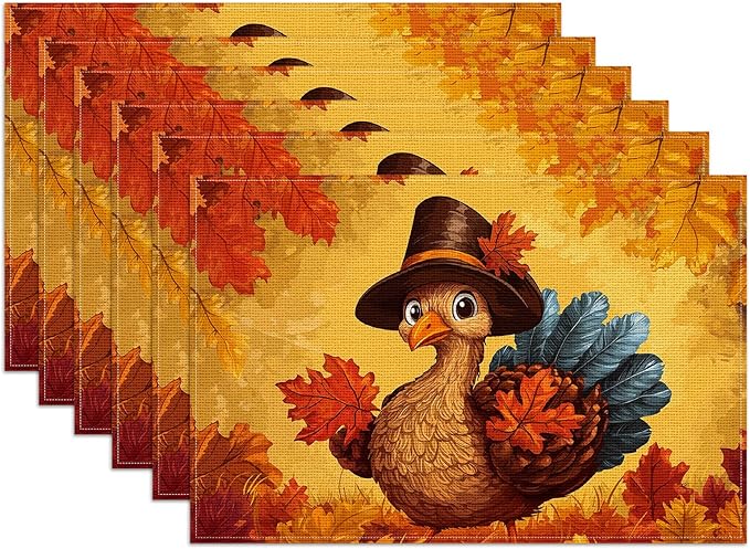 Thanksgiving Turkey Placemats Set of 6, Fall Maple Leaf Linen Place Mat Washable Stain Resistant Table Mats for Farmhouse Kitchen Party Decor 12x18 Inch
